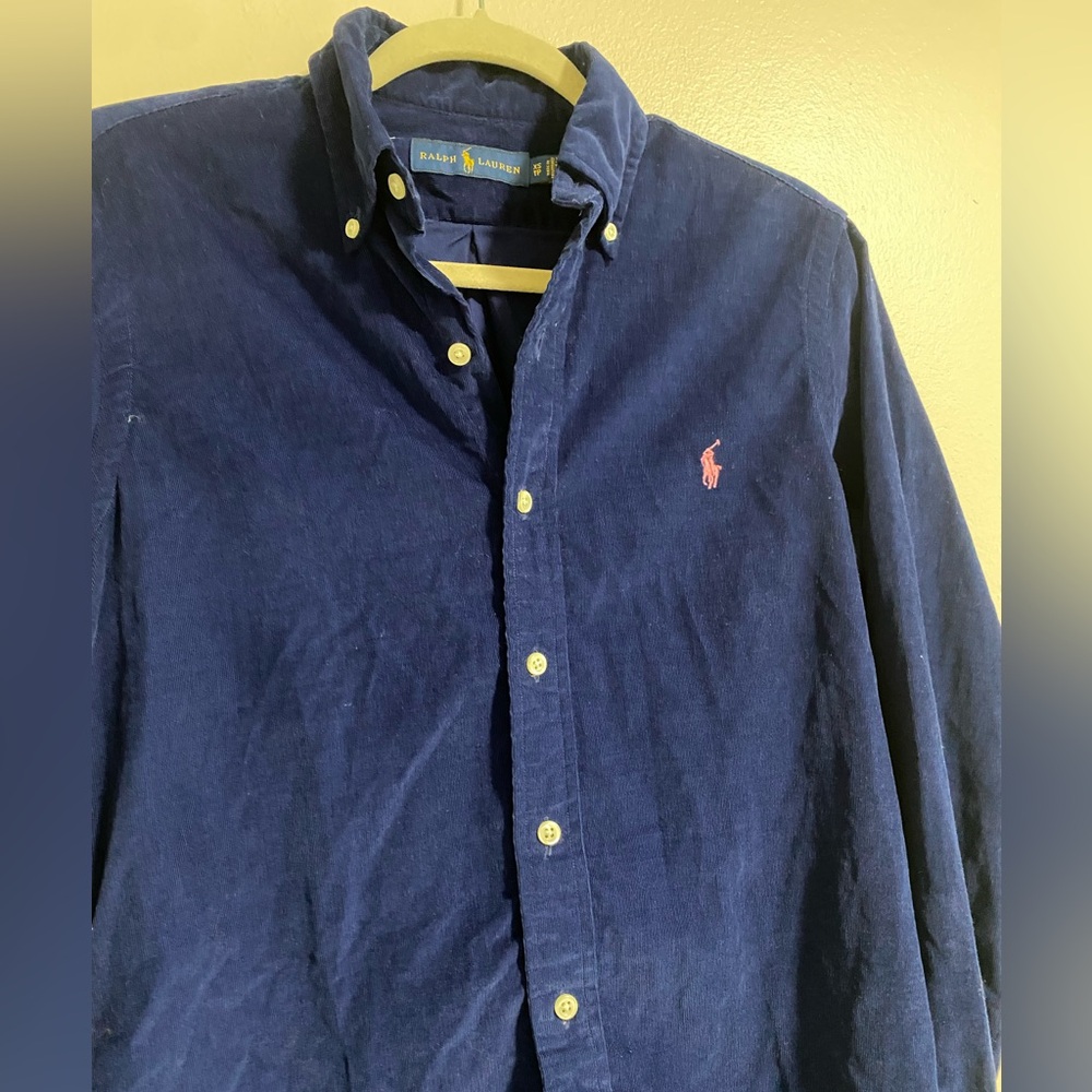 Ralph Lauren Navy Blue Button-Down Shirt with Pink Pony Logo - Picture 3 of 7